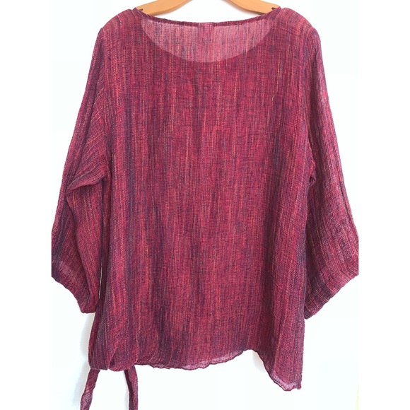 CTC Linen Mesh Tie Long Sleeve Burgundy Red Oversized Tunic Top Blouse Size M - Picture 3 of 12